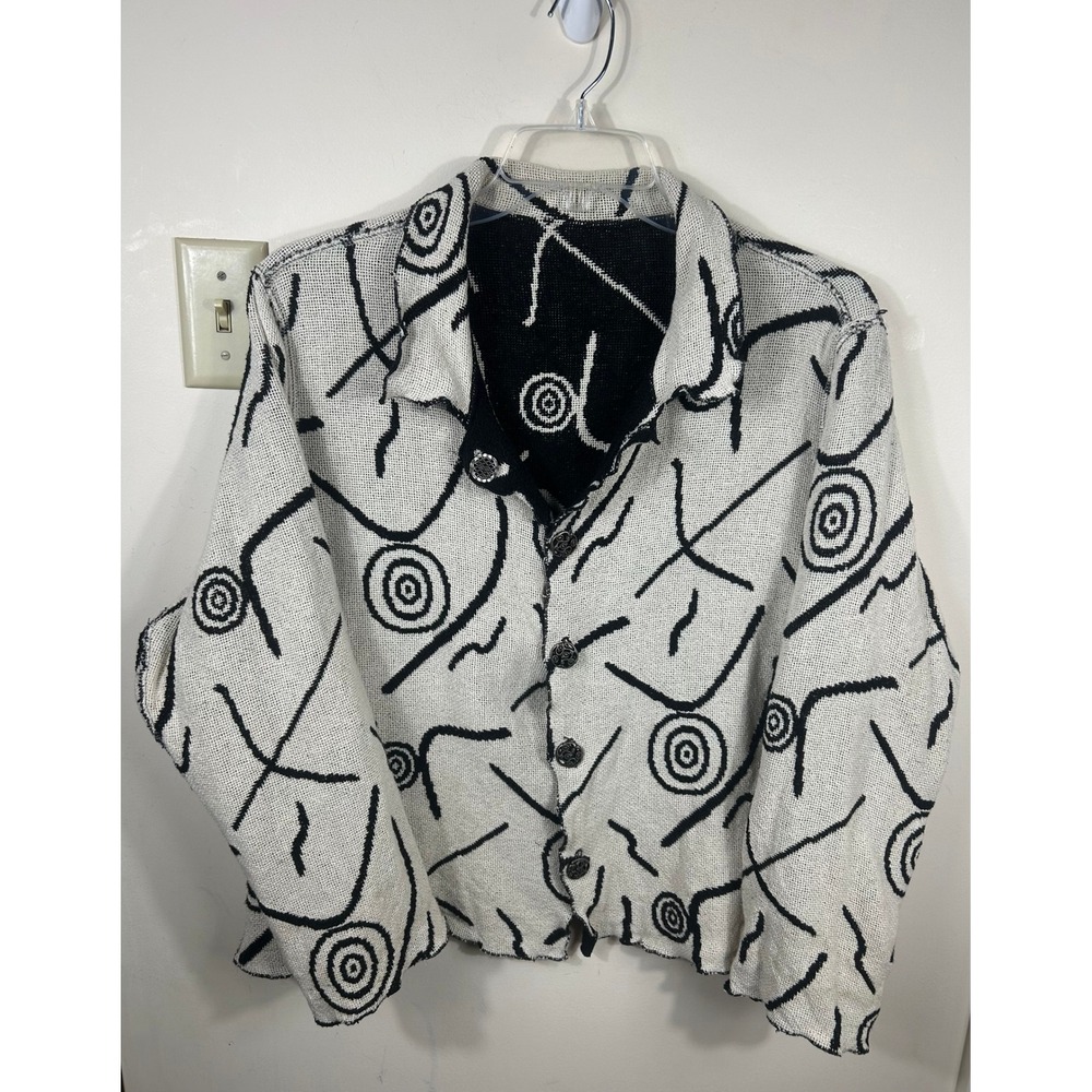 VTG Winding River Jacket Women XL Black‎ White Reversible Abstract Button Front